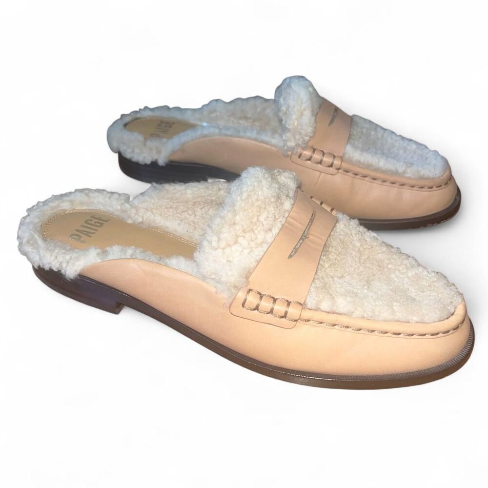 Paige Women's Emmett Tan and Cream Leather Slip On Loafers with Shearling SZ 9.5